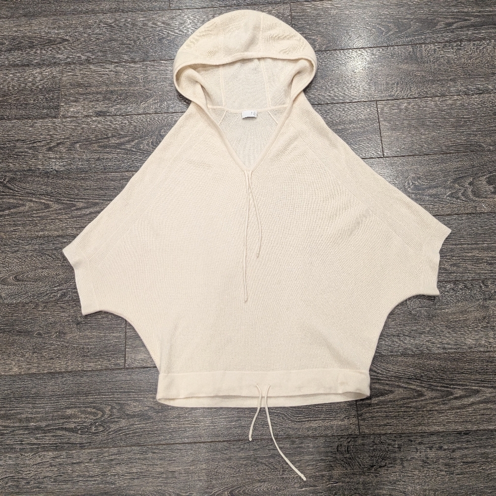 TSE 100% Cashmere Hooded Poncho Sweater V-Neck Tie Cream Sz Medium